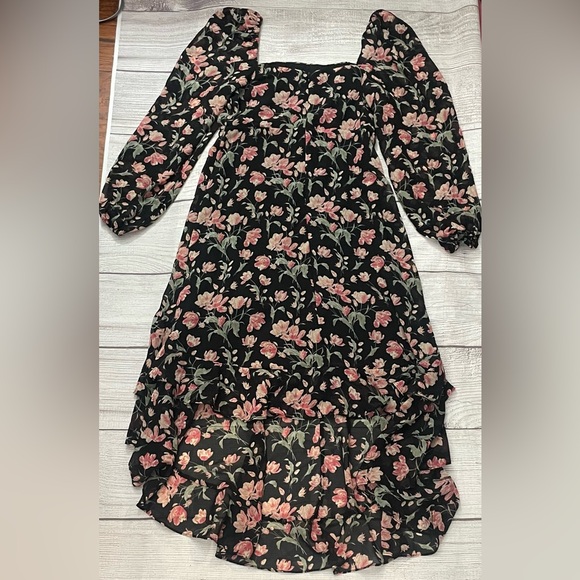 LUSH Women's Long Sleeve High-Low Boho Dress Black Red Floral Size Medium - Picture 7 of 8